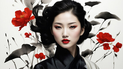 The Portrait of a Chinese girl in black dress with white and black flower