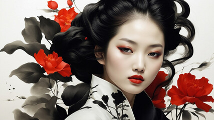 The Portrait of a Chinese girl in black dress with white and black flower