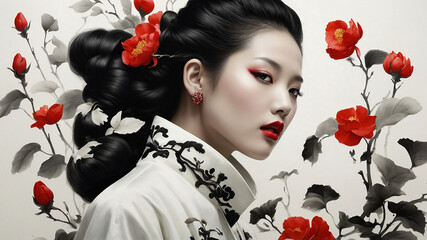 The Portrait of a Chinese girl in black dress with white and black flower