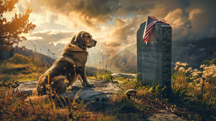 sad dog at the grave of his former owner carrying a usa flag a memorial day military veterans and...