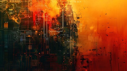 Grunge Tech background with color black red orange