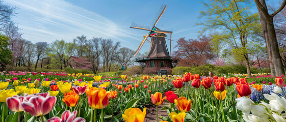 Scenic Dutch Windmill Surrounded by Vibrant Flowers