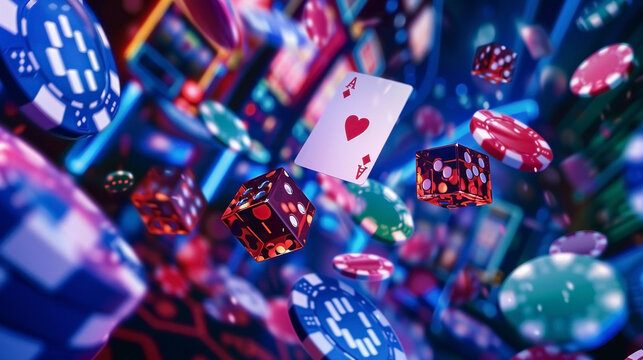 The vibrant energy of a casino night, cards in the air symbolizing the high stakes of chance