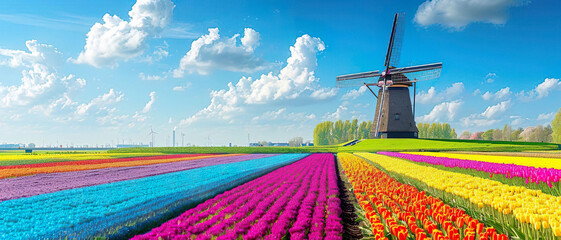 Dutch Windmill Amidst Colorful Blossoms