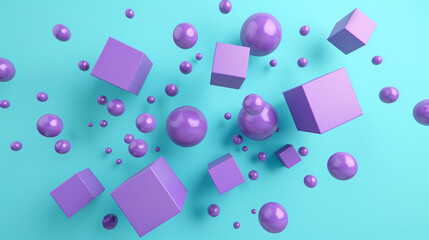 Fototapeta na wymiar abstract background 3d wallpaper with purple cubes and spheres on plain blue background, modern desktop wallpaper, business background website homepage banner 