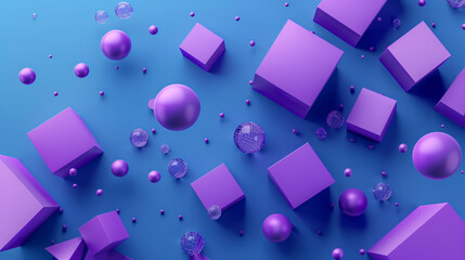 abstract background 3d wallpaper with purple cubes and spheres on plain blue background, modern desktop wallpaper, business background website homepage banner 