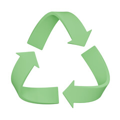 Fototapeta premium 3D rendering of minimal three-arrow green recycle icon, symbolizing sustainability, ecology and environmental conservation, transparent background.