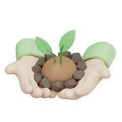 3D rendering of minimal two hands holding a clump of soil with green plant icon, representing growth and environmental care, transparent background.