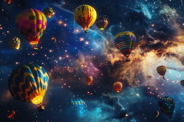 Hot air balloons with intricate patterns floating in a starry night sky, evoking a sense of adventure and exploration.