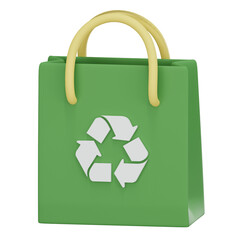 3D rendering of minimal green reusable shopping bag with a white recycle symbol, promoting eco-friendly and sustainable consumer habits, transparent background.