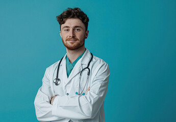 Confident Medical Professional: Young Doctor Portrait on Blue Background