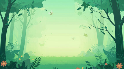 This serene image depicts a peaceful green forest, providing a banner with blank space for versatile uses