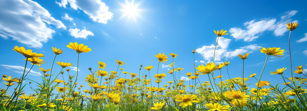 a vibrant scene of bright yellow flowers under a clear blue sky with fluffy white clouds. It showcases the natural beauty and vivid colors of spring or summer	