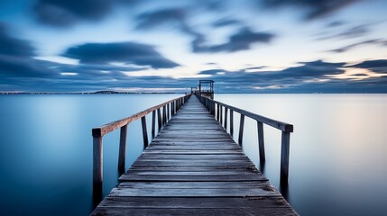 Dock and pier at sea in twilight long exposure - obrazy, fototapety, plakaty
