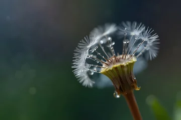  Beautiful shiny dew water drop on dandelion seed in nature. Close-up macro. Sparkling bokeh. Dark blue green background. Generative AI © Ghulam