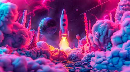 A cartoon rocket blasting off into space, its crew of quirky aliens ready for a cosmic escapade - obrazy, fototapety, plakaty