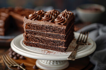 A slice of chocolate cake, with a fork resting next to it - obrazy, fototapety, plakaty
