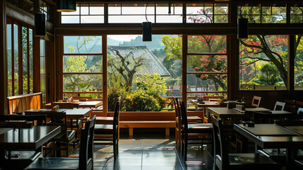 Serene Japanese Restaurant Interior with Scenic View