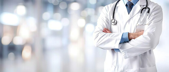 Male Doctor in White Coat with Stethoscope, Blurred Background, Banner Design