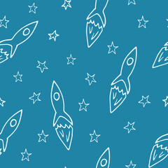 rocket flies among the stars seamless pattern. hand drawn doodle style.