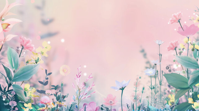 This ethereal image features soft pastel flowers and shimmering bokeh lights, creating a dreamy banner with blank space for messages