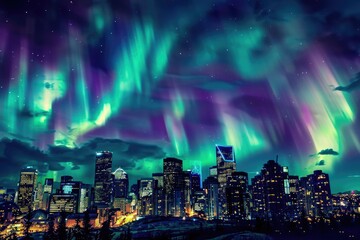 Northern lights over a bustling cityscape at night, showcasing nature's grandeur juxtaposed with urban life.