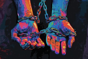 Artistic depiction of hands in chains, symbolizing struggle and the quest for freedom against vibrant graffiti.