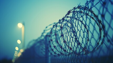 Stark image of a barbed wire fence, representing barriers and divisions within society with insanely extreme texture details.
 - obrazy, fototapety, plakaty