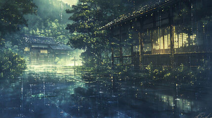 雨が降る風景のイラスト