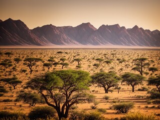 Naklejka premium A vast desert landscape with mountains in the background.