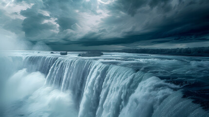Dramatic shot of waterfall with stormy clouds and weather
