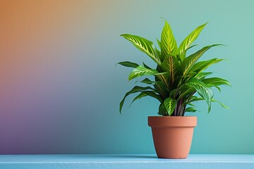 Fototapeta premium Ctenanthus plant in a clay pot, minimalism, pastel background.