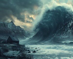 Tsunami approaching a peaceful coast natures formidable force - obrazy, fototapety, plakaty