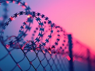 Stark image of a barbed wire fence, representing barriers and divisions within society with insanely extreme texture details. - obrazy, fototapety, plakaty