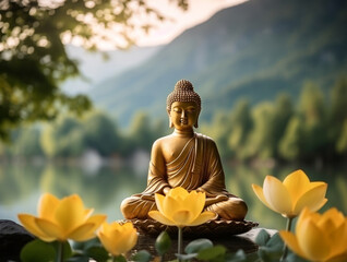 A Buddha statue surrounded by lotus flowers, exuding a sense of peace and beauty. The Buddha statue sits serenely amidst the lotus flowers, its serene expression and graceful pose.