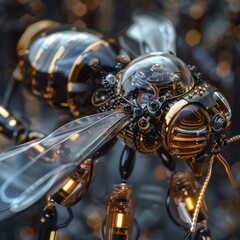 A close up of a bee made out of metal and glass. Generative AI.