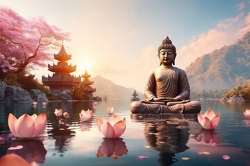 A Buddha statue surrounded by lotus flowers, exuding a sense of peace and beauty. The Buddha statue sits serenely amidst the lotus flowers, its serene expression and graceful pose. - obrazy, fototapety, plakaty