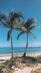 Palm tree standing on the beach, wide sea