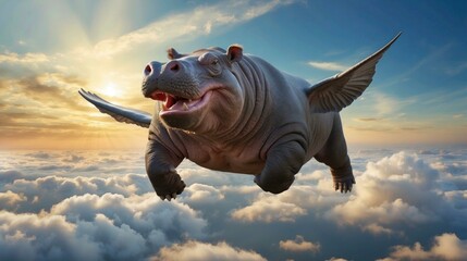 A hippo flying in the sky with wings. Generative AI. - obrazy, fototapety, plakaty