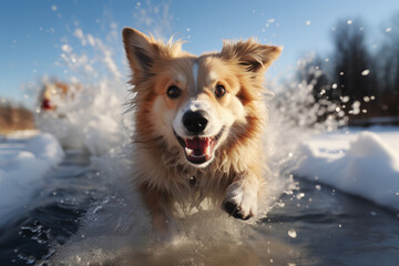 A brown dog runs on the water with a happy expression, splashing droplets water everywhere. A close-up photo of a dog running on water, heading straight for the camera.