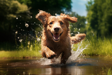 A brown dog runs on the water with a happy expression, splashing droplets water everywhere. A...