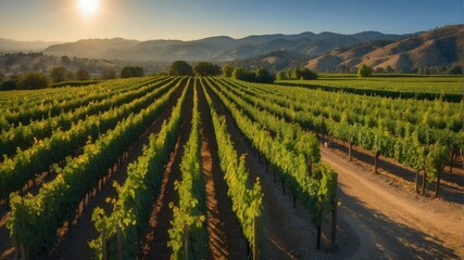Naklejka premium A vineyard field with sun shining over it. Generative AI.