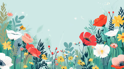 Fototapeta na wymiar This image showcases a variety of flowers and plants creating a banner with blank space in the middle, ideal for adding text or other elements