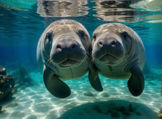 Two manatees swimming in the ocean under a blue sky. Generative AI.