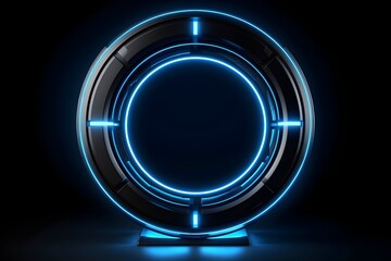 Futuristic Glowing Neon Blue Round Portal in Sci Fi Metal Construction