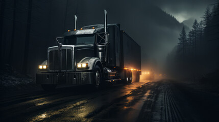 A semi-truck drives down a winding road through a forest at night. The truck's headlights illuminate the wet pavement, and the rain is falling heavily.