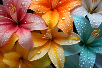 A close-up photo of a Multicolored lily flowers with water droplets. Bouquet of fresh Multicolored lilies. - Powered by Adobe