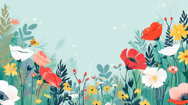 This image showcases a variety of flowers and plants creating a banner with blank space in the middle, ideal for adding text or other elements