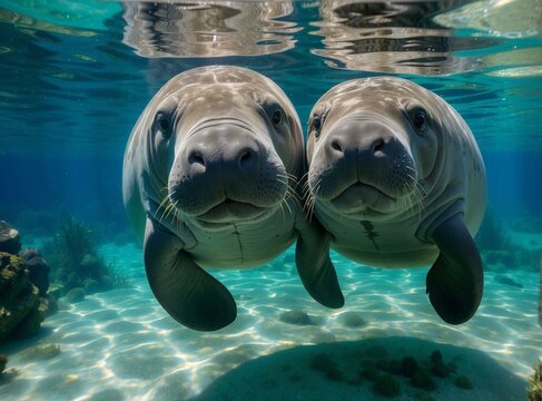 Two manatees swimming in the ocean under a blue sky. Generative AI.