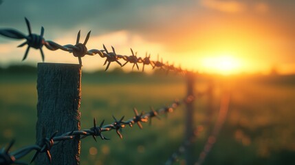 Stark image of a barbed wire fence, representing barriers and divisions within society with insanely extreme texture details.
 - obrazy, fototapety, plakaty